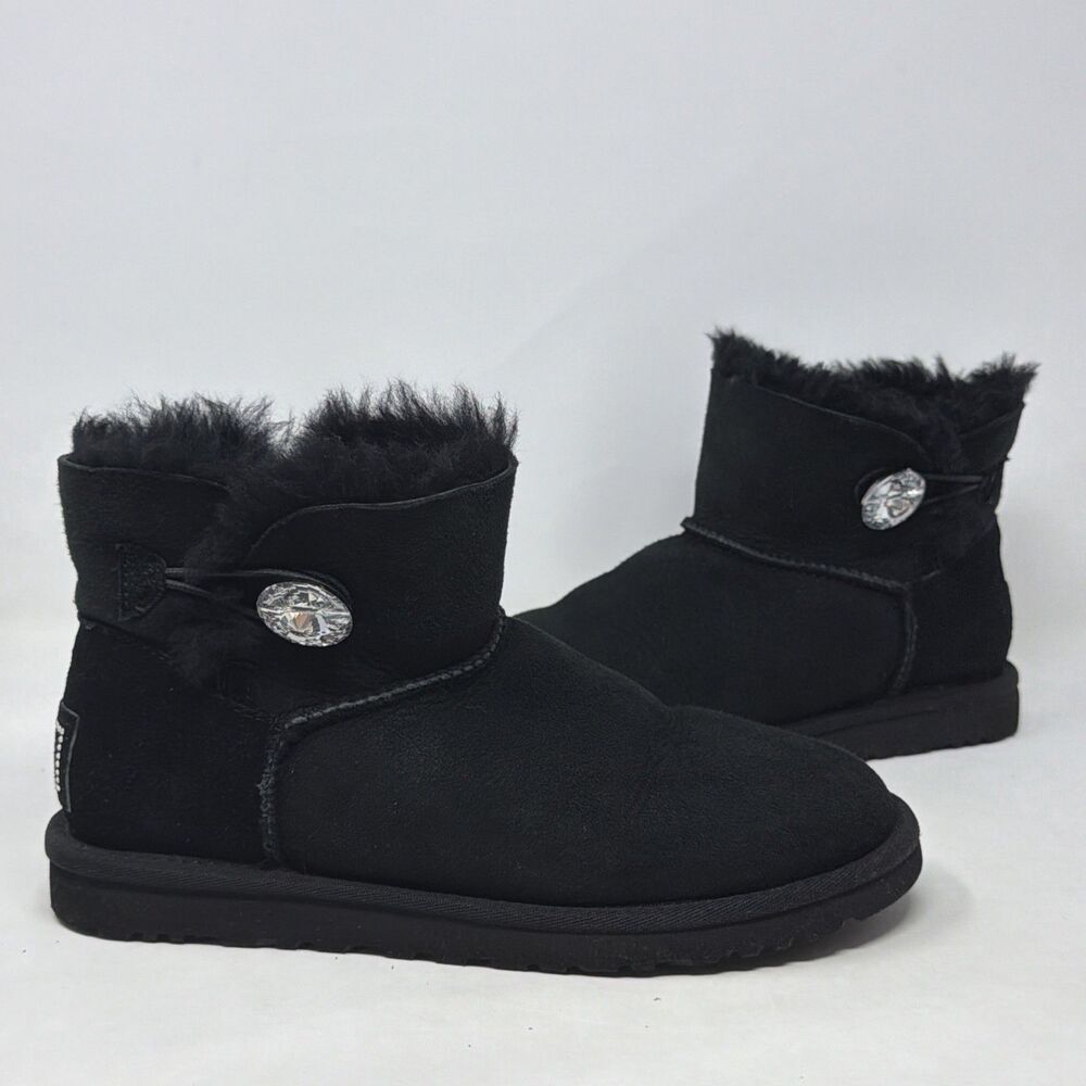 UGG Mini Bailey Button Bling Black Swarovski Crystal Boots Womens 6 1003889
